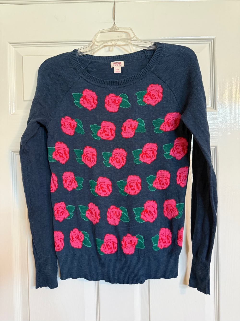 Mossimo Supply Co. Crewneck Floral Knit Y2K Sweater Navy &!Pink Roses S